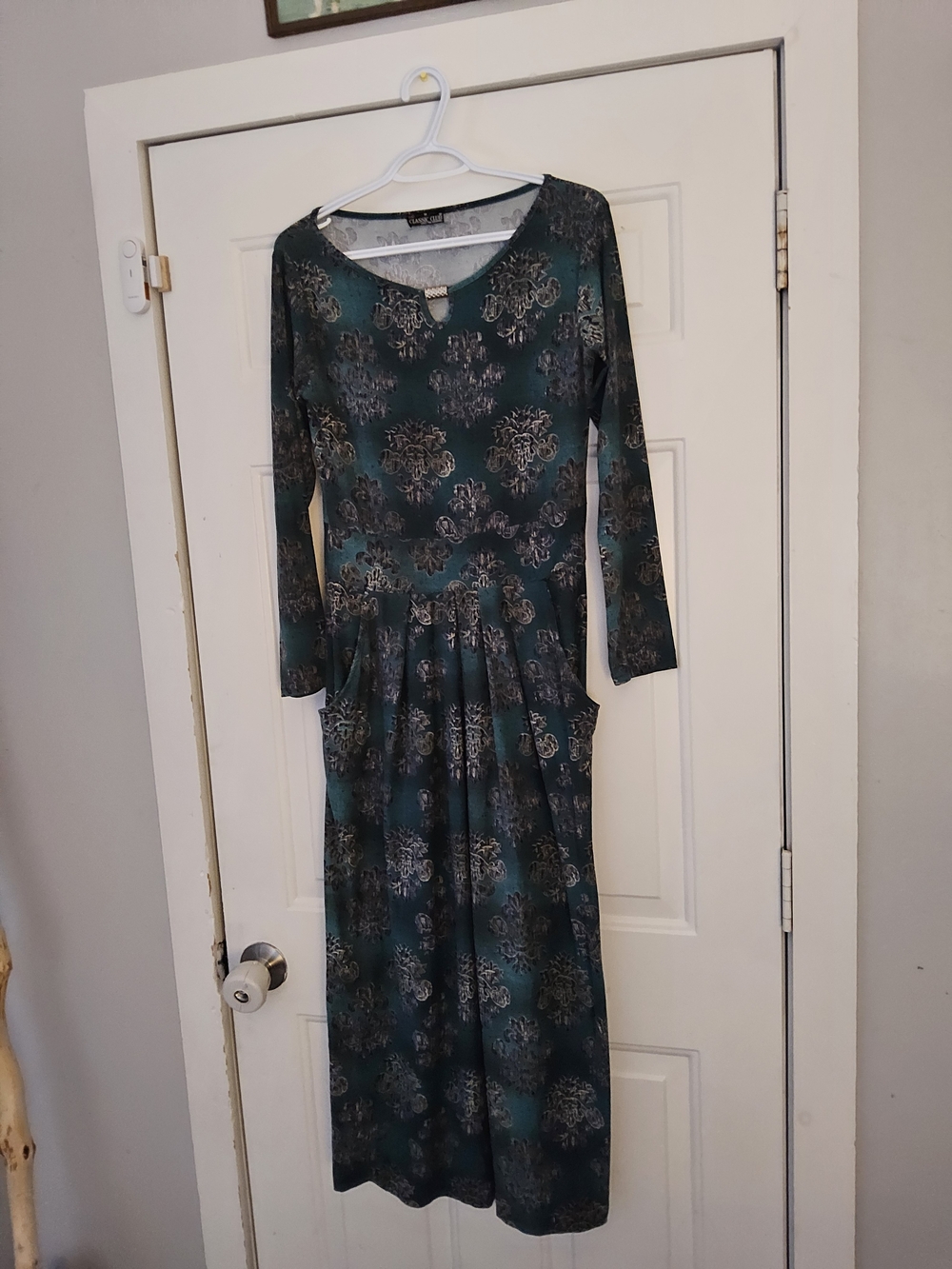 Class Club Teal and Black Floral Long Sleeve Maxi Dress